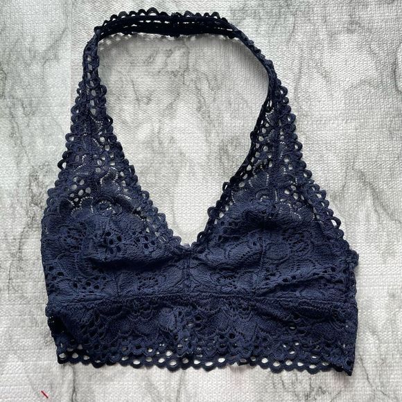 American Eagle Outfitters Aerie Boho Lace Halter Bralette Size Small - Navy - Picture 2 of 5